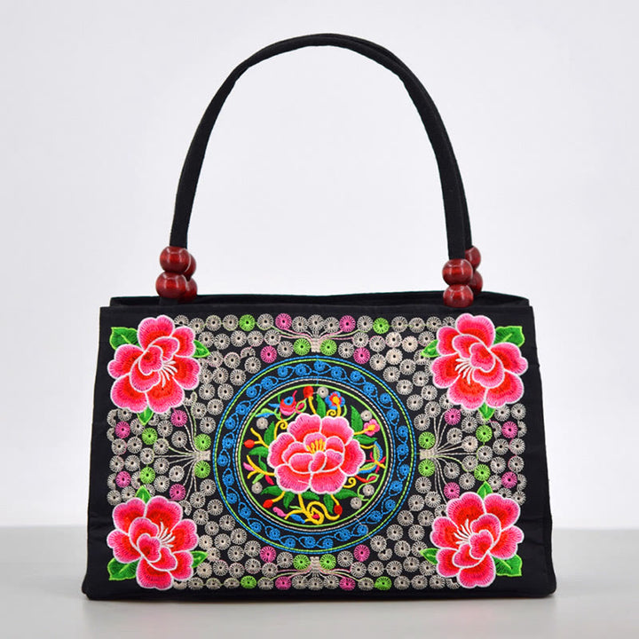 Buddha Stones Galsang Inula Flower Peony Peacock Double-Sided Embroidery Canvas Shopping Purse Handbag - Apple Blossom - image 15