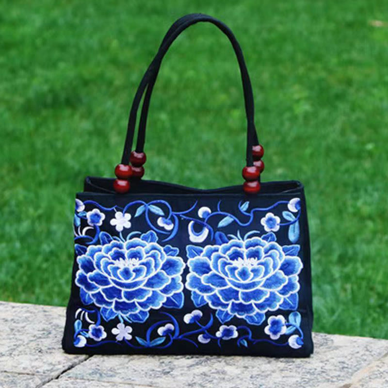 Buddha Stones Galsang Inula Flower Peony Peacock Double-Sided Embroidery Canvas Shopping Purse Handbag - Blue Peony - image 13