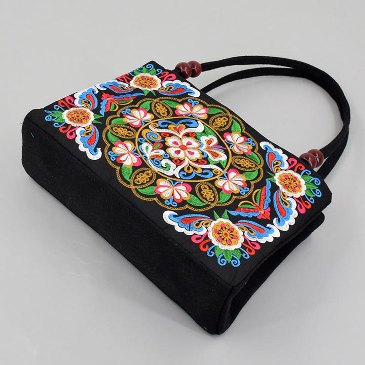 Buddha Stones Galsang Inula Flower Peony Peacock Double-Sided Embroidery Canvas Shopping Purse Handbag - image 3