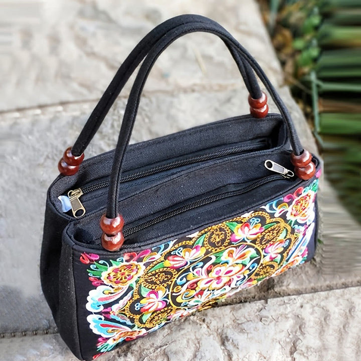 Buddha Stones Galsang Inula Flower Peony Peacock Double-Sided Embroidery Canvas Shopping Purse Handbag - image 2