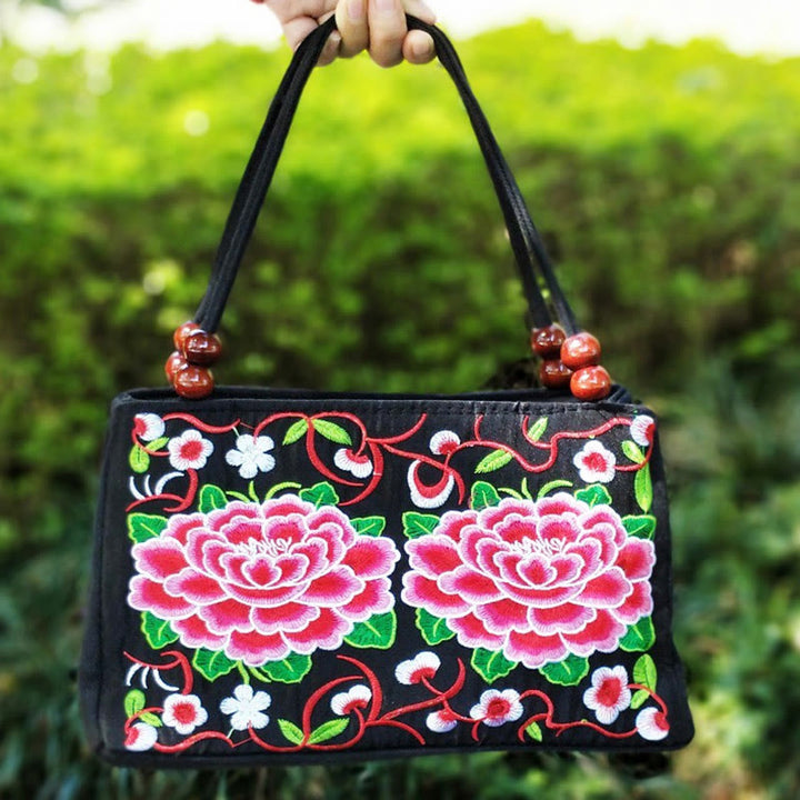 Buddha Stones Galsang Inula Flower Peony Peacock Double-Sided Embroidery Canvas Shopping Purse Handbag - Red Peony - image 10