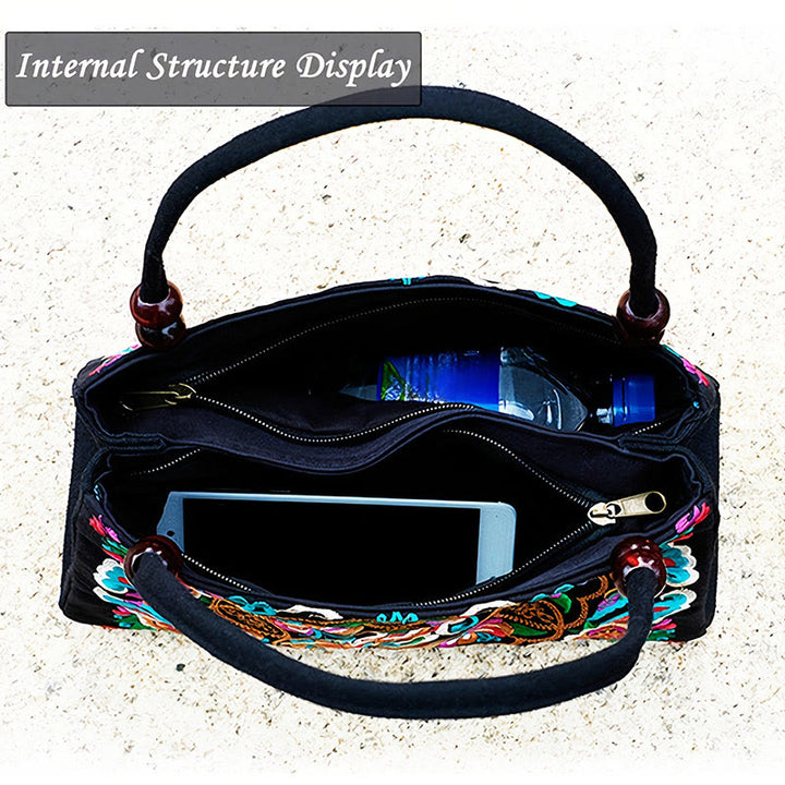 Buddha Stones Galsang Inula Flower Peony Peacock Double-Sided Embroidery Canvas Shopping Purse Handbag - image 6