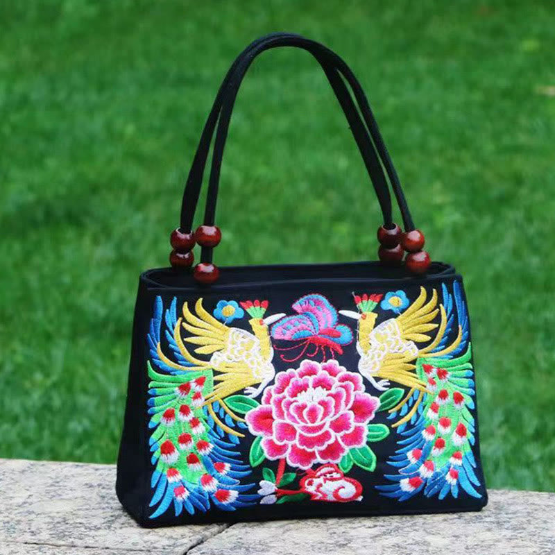 Buddha Stones Galsang Inula Flower Peony Peacock Double-Sided Embroidery Canvas Shopping Purse Handbag - Peacock - image 14