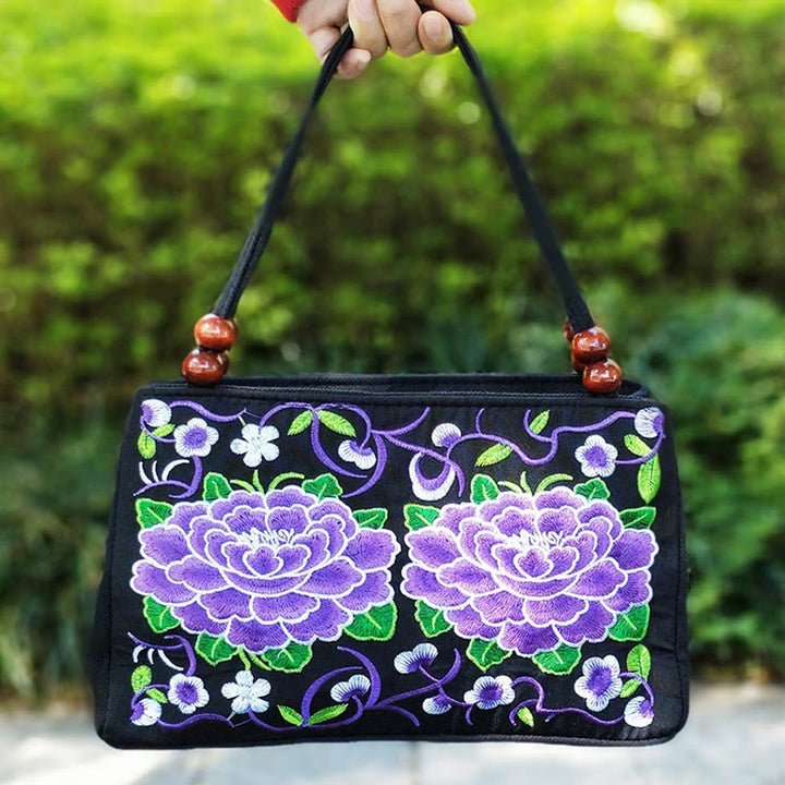 Buddha Stones Galsang Inula Flower Peony Peacock Double-Sided Embroidery Canvas Shopping Purse Handbag - Purple Peony - image 12