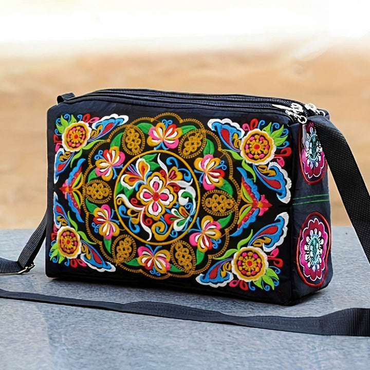 Buddha Stones Galsang Inula Flower Peony Peacock Double-Sided Embroidery Canvas Shopping Purse Handbag Crossbody Bag - Galsang Flower - image 0