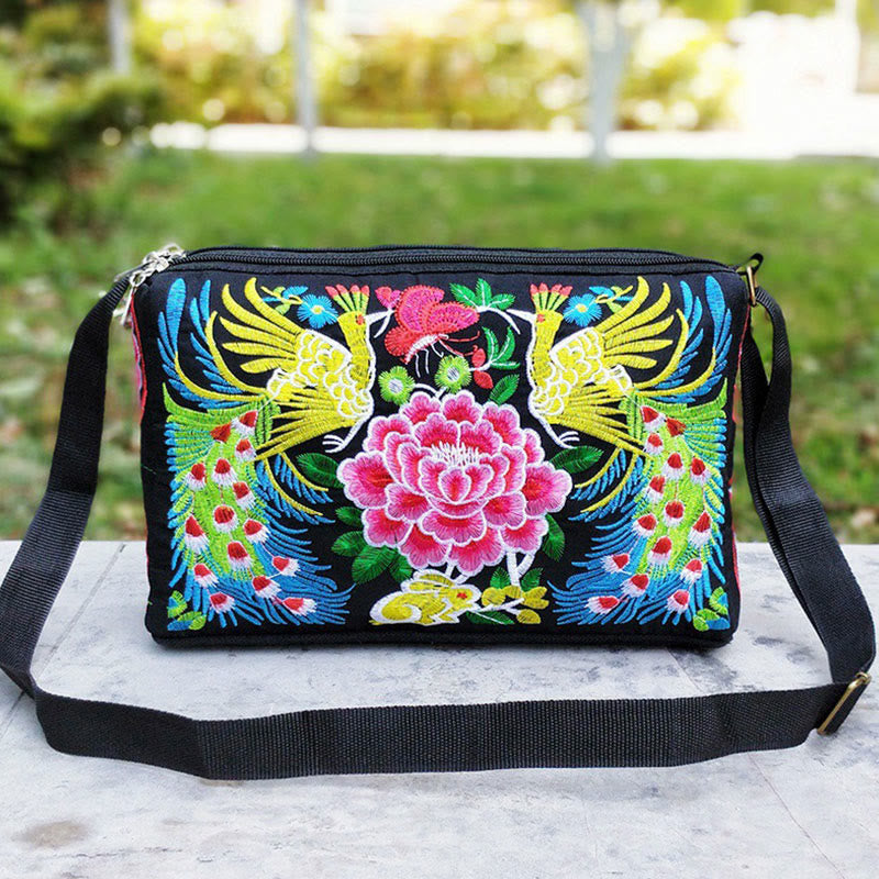 Buddha Stones Galsang Inula Flower Peony Peacock Double-Sided Embroidery Canvas Shopping Purse Handbag Crossbody Bag - Peacock Peony - image 17