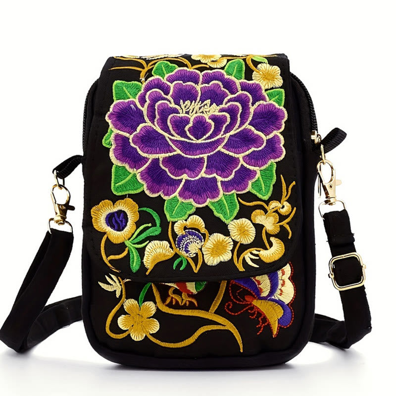 Buddha Stones Inula Flower Peony Embroidery Canvas Shopping Purse Handbag Crossbody Bag - Purple Peony - image 0