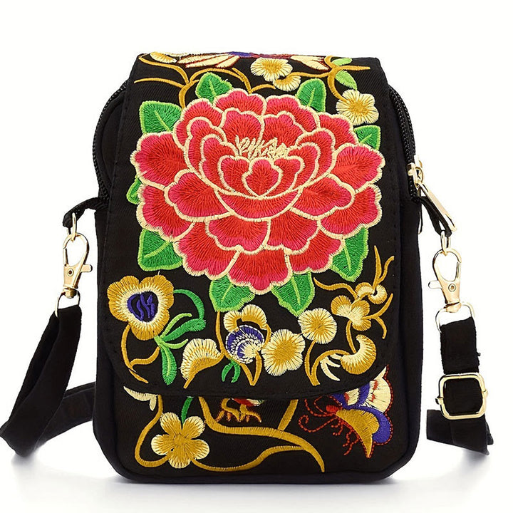 Buddha Stones Inula Flower Peony Embroidery Canvas Shopping Purse Handbag Crossbody Bag - Red Peony - image 2