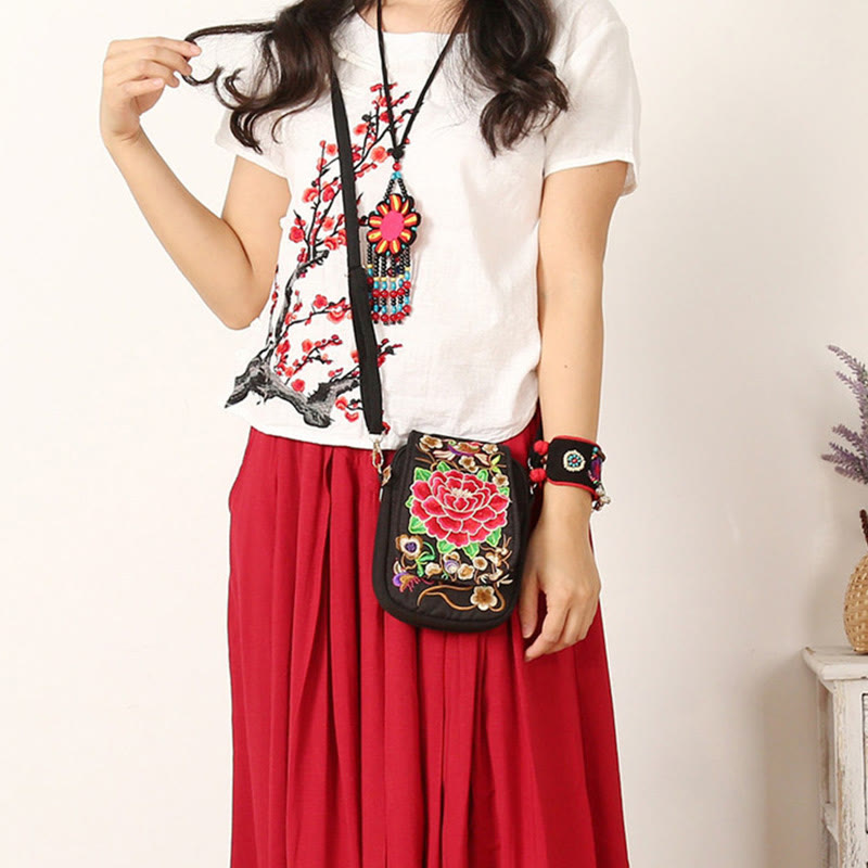 Buddha Stones Inula Flower Peony Embroidery Canvas Shopping Purse Handbag Crossbody Bag - image 4