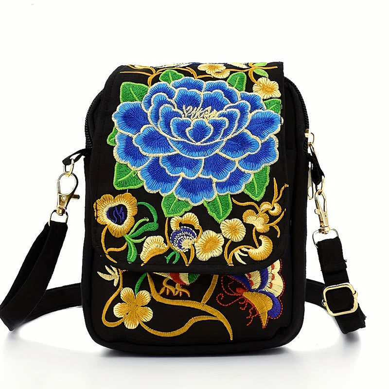 Buddha Stones Inula Flower Peony Embroidery Canvas Shopping Purse Handbag Crossbody Bag - Blue Peony - image 1