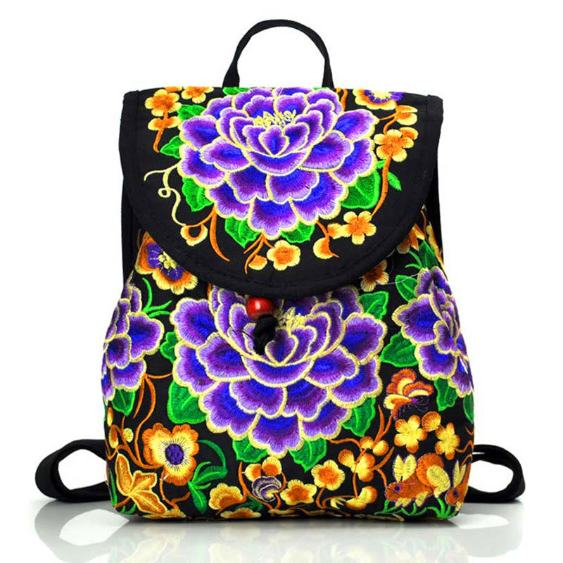 Buddha Stones Peony Chinese Money Tree Embroidery Canvas Backpack - Purple Peony - 21*11*25cm - image 0