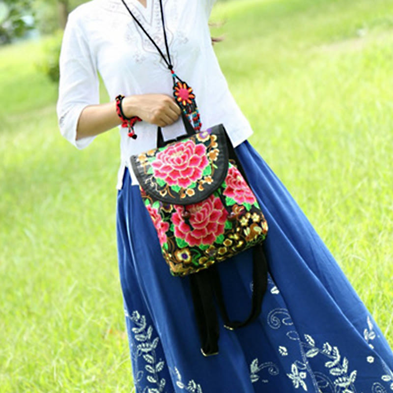 Buddha Stones Peony Chinese Money Tree Embroidery Canvas Backpack - image 14