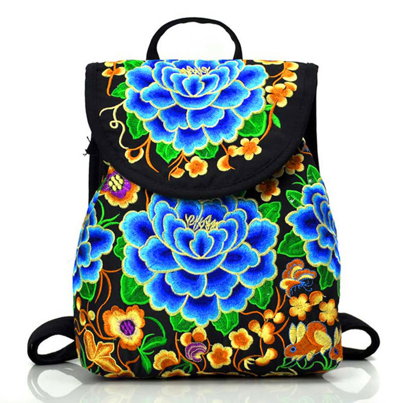 Buddha Stones Peony Chinese Money Tree Embroidery Canvas Backpack - DeepSkyBlue Peony - 21*11*25cm - image 2