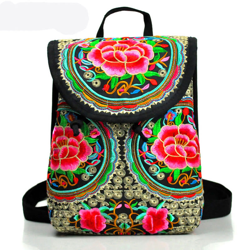 Buddha Stones Peony Chinese Money Tree Embroidery Canvas Backpack - Small Red Peony - 21*11*25cm - image 11