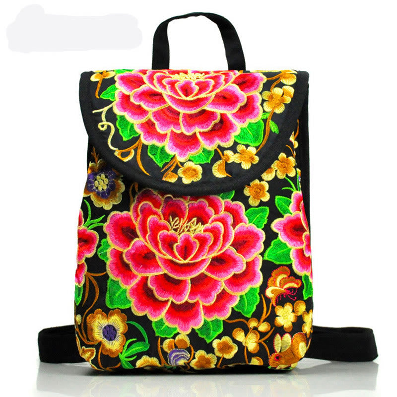 Buddha Stones Peony Chinese Money Tree Embroidery Canvas Backpack - Red Peony - 21*11*25cm - image 1