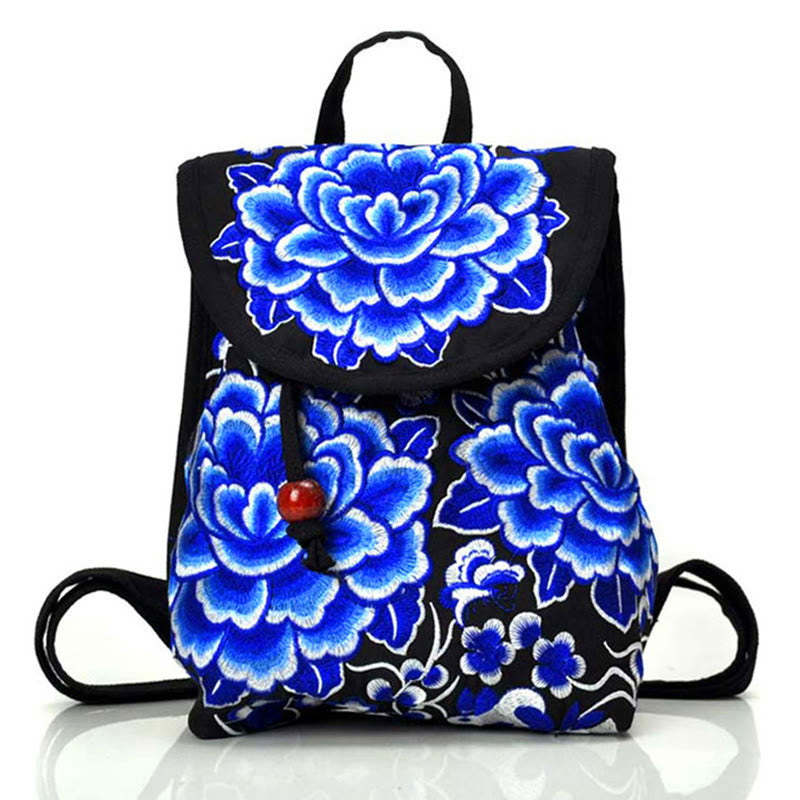 Buddha Stones Peony Chinese Money Tree Embroidery Canvas Backpack - Blue Peony - 21*11*25cm - image 3