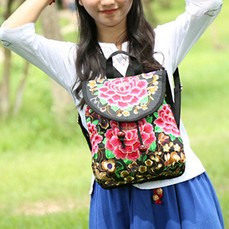 Buddha Stones Peony Chinese Money Tree Embroidery Canvas Backpack - image 12