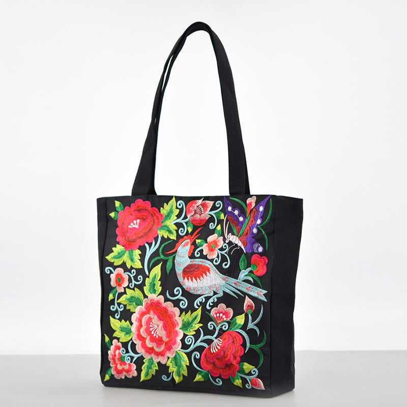 Buddha Stones Galsang Magpie Peony Camellia Chrysanthemum Embroidery Canvas Shopping Purse Handbag Shoulder Bag - image 1