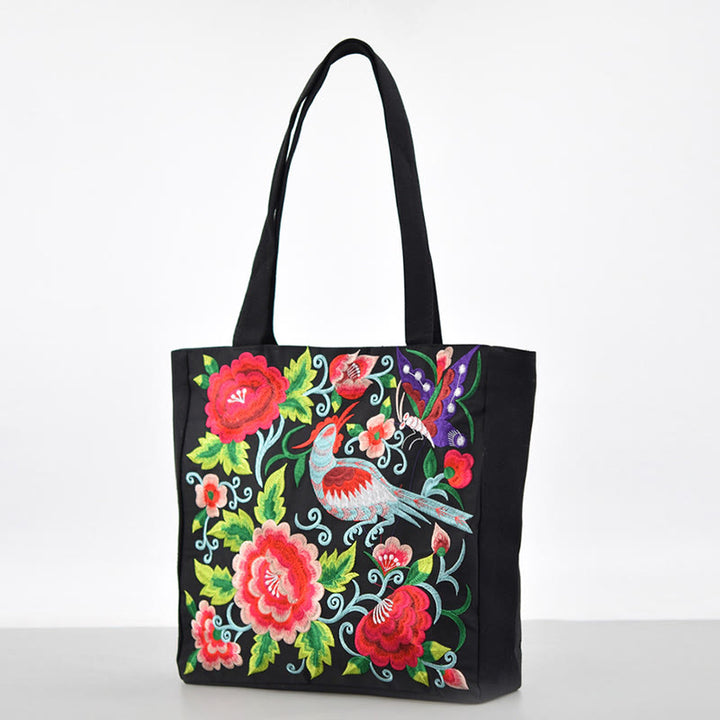 Buddha Stones Galsang Magpie Peony Camellia Chrysanthemum Embroidery Canvas Shopping Purse Handbag Shoulder Bag - image 1