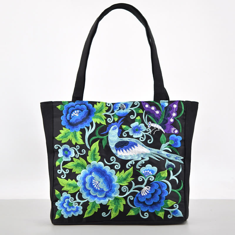 Buddha Stones Galsang Magpie Peony Camellia Chrysanthemum Embroidery Canvas Shopping Purse Handbag Shoulder Bag - Blue Magpie Peony - image 7