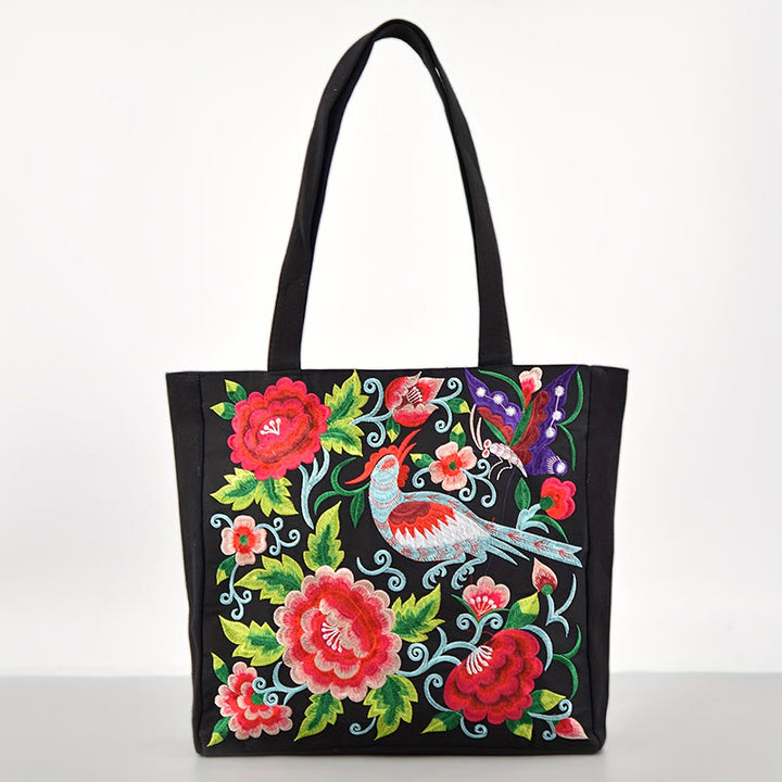 Buddha Stones Galsang Magpie Peony Camellia Chrysanthemum Embroidery Canvas Shopping Purse Handbag Shoulder Bag - Red Magpie Peony - image 0