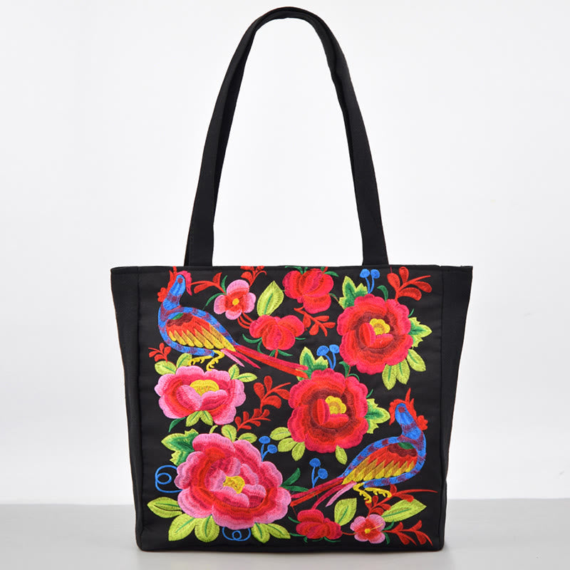 Buddha Stones Galsang Magpie Peony Camellia Chrysanthemum Embroidery Canvas Shopping Purse Handbag Shoulder Bag - Red Peony Camellia - image 16