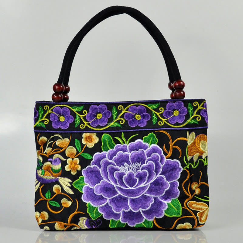 Buddha Stones Money Tree Peony Phoenix Apple Blossom Double-Sided Embroidery Cotton Canvas Shopping Purse Handbag - Purple Peony - image 22
