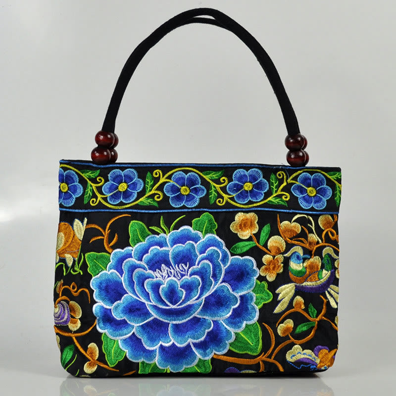 Buddha Stones Money Tree Peony Phoenix Apple Blossom Double-Sided Embroidery Cotton Canvas Shopping Purse Handbag - Blue Peony - image 21