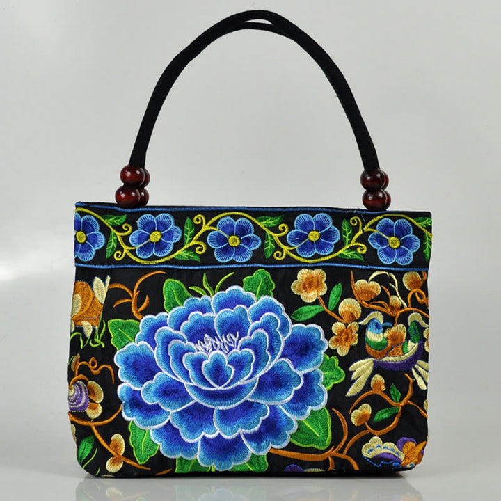 Buddha Stones Money Tree Peony Phoenix Apple Blossom Double-Sided Embroidery Cotton Canvas Shopping Purse Handbag - Blue Peony - image 21
