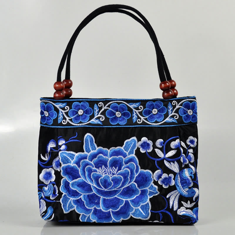 Buddha Stones Money Tree Peony Phoenix Apple Blossom Double-Sided Embroidery Cotton Canvas Shopping Purse Handbag - Blue White Peony - image 23