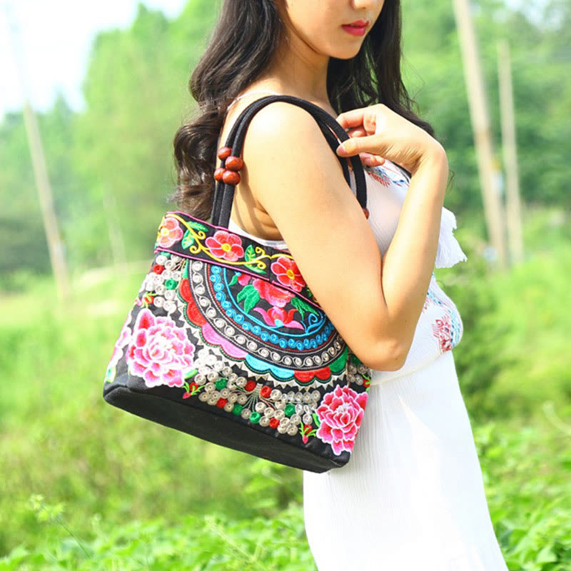 Buddha Stones Money Tree Peony Phoenix Apple Blossom Double-Sided Embroidery Cotton Canvas Shopping Purse Handbag - image 2