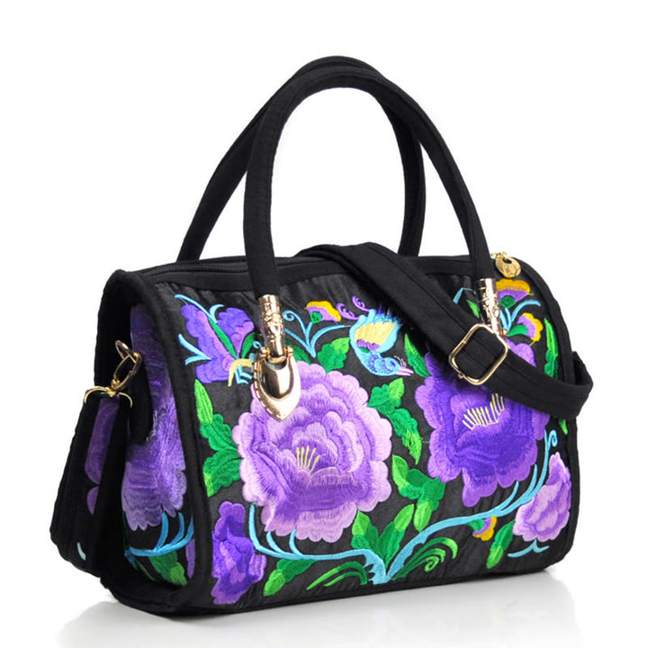 Buddha Stones Money Tree Peony Camellia Double-Sided Embroidery Canvas Shopping Purse Handbag Crossbody Bag - Double Purple Camellia - image 18