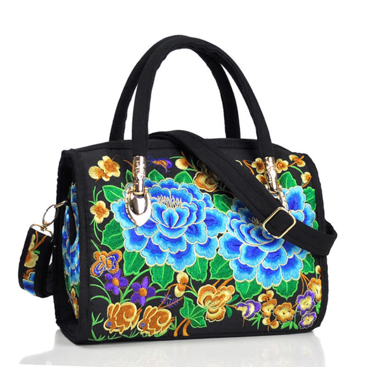 Buddha Stones Money Tree Peony Camellia Double-Sided Embroidery Canvas Shopping Purse Handbag Crossbody Bag - Double Blue Peony - image 14