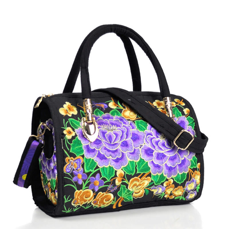 Buddha Stones Money Tree Peony Camellia Double-Sided Embroidery Canvas Shopping Purse Handbag Crossbody Bag - Double Purple Peony - image 15