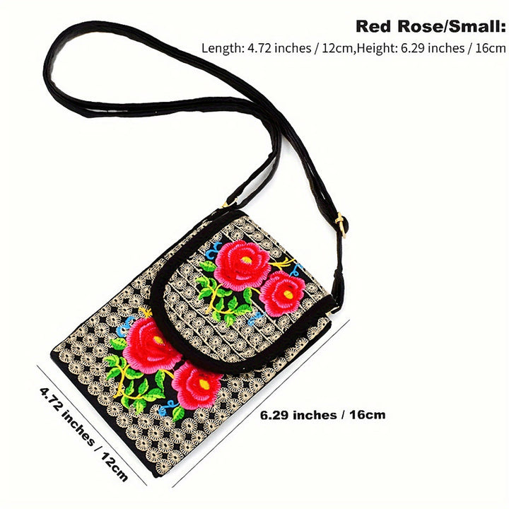 Buddha Stones Inula Flower Rose Embroidery Canvas Backpack Crossbody Bag - Red Rose 12*1*16cm - image 14