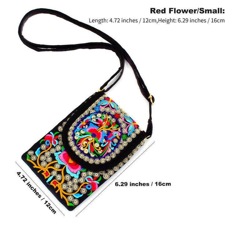 Buddha Stones Inula Flower Rose Embroidery Canvas Backpack Crossbody Bag - Red Inula Flower 12*1*16cm - image 2