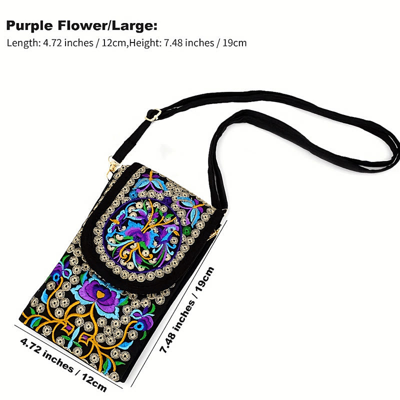 Buddha Stones Inula Flower Rose Embroidery Canvas Backpack Crossbody Bag - Purple Inula Flower 12*1*19cm - image 10