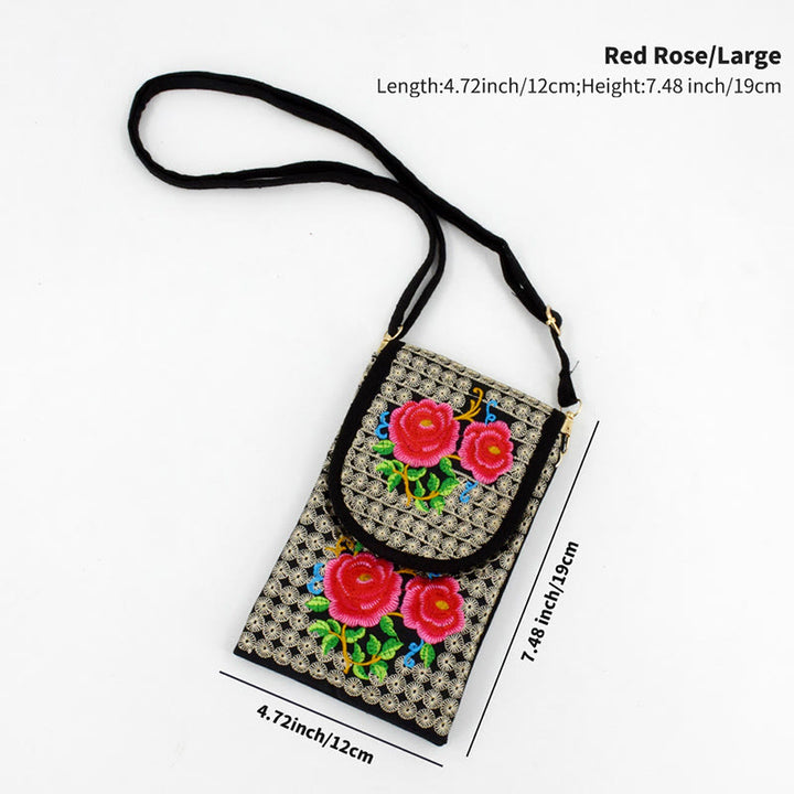 Buddha Stones Inula Flower Rose Embroidery Canvas Backpack Crossbody Bag - Red Rose 12*1*19cm - image 13