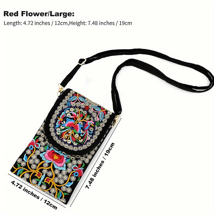 Buddha Stones Inula Flower Rose Embroidery Canvas Backpack Crossbody Bag - Red Inula Flower 12*1*19cm - image 1