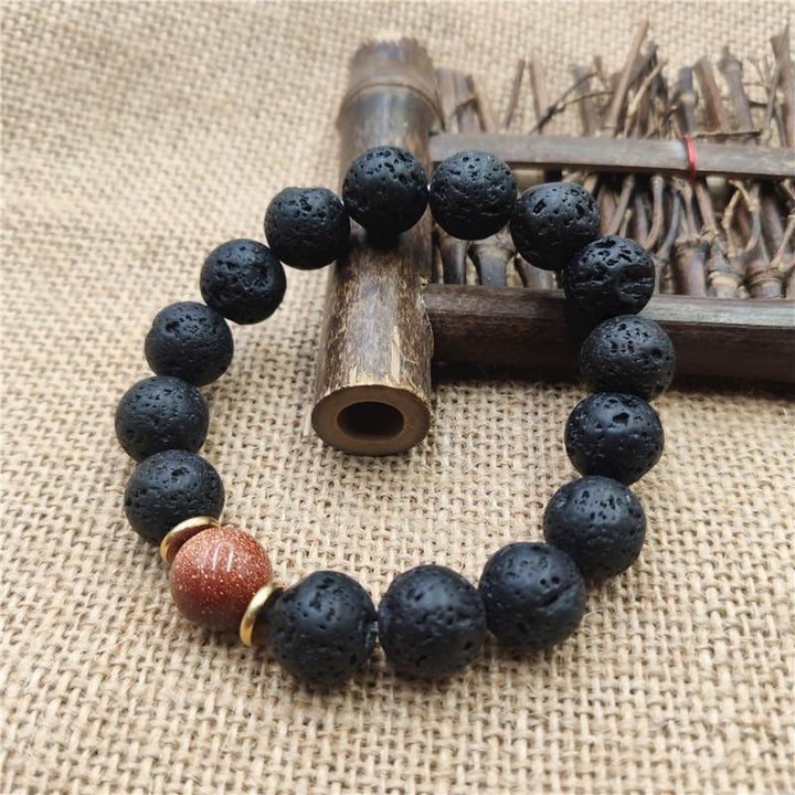 Buddha Stones Lava Rock Goldstone Blue Sandstone Healing Bracelet - Goldstone Lava Rock - 12mm - image 10