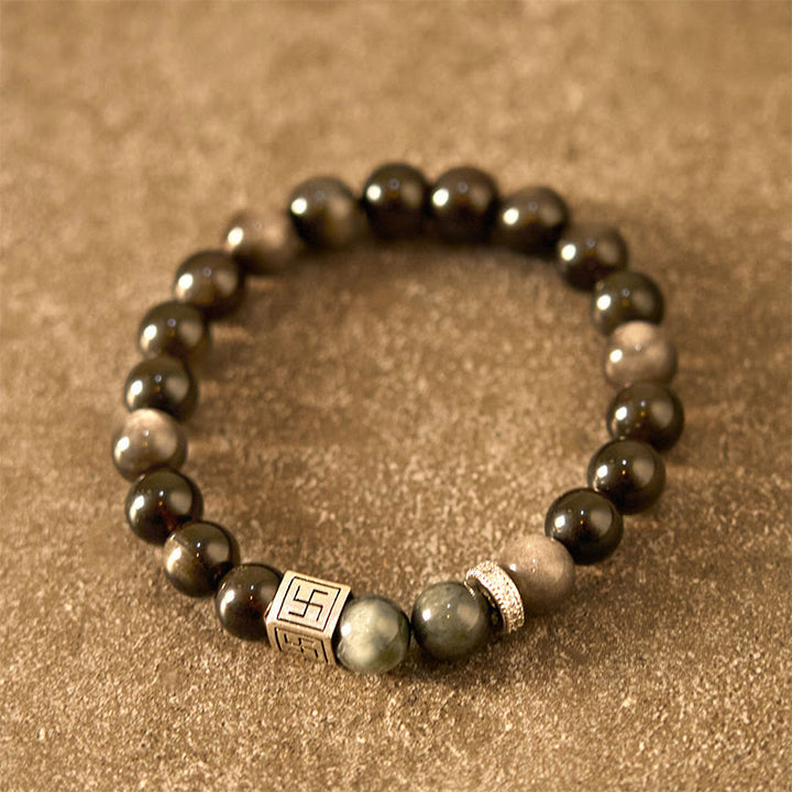 Buddha Stones Black Obsidian Eagle's Eye Stone Strength Courage Bracelet - image 2