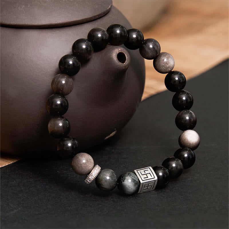 Buddha Stones Black Obsidian Eagle's Eye Stone Strength Courage Bracelet - Black Obsidian Eagle's Eye Stone(Wrist Circumference 14-17cm) - image 0