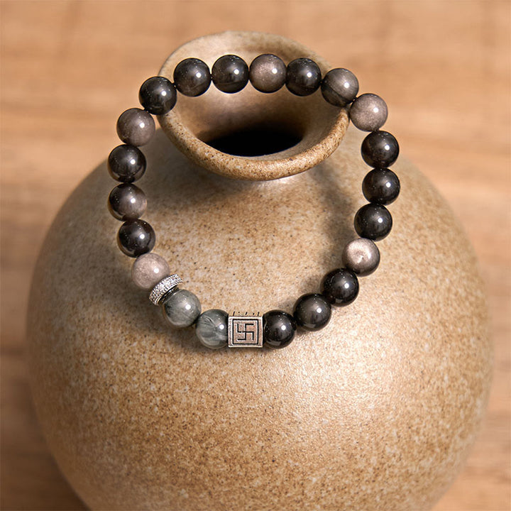 Buddha Stones Black Obsidian Eagle's Eye Stone Strength Courage Bracelet - image 3