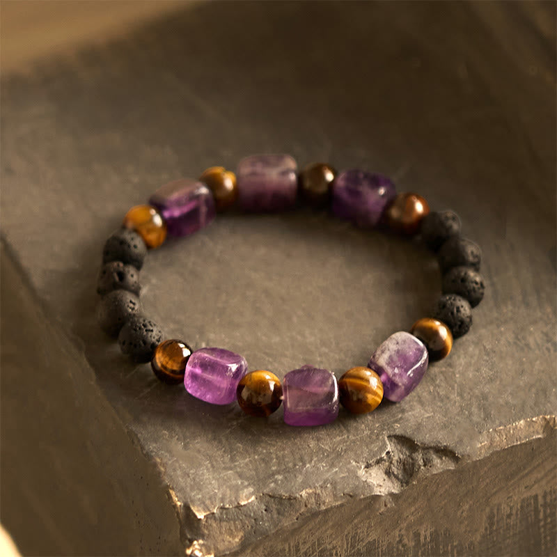 Buddha Stones Various Crystals Cube Amethyst Lava Rock Support Bracelet - Amethyst(Wrist Circumference: 14-16cm) - image 0