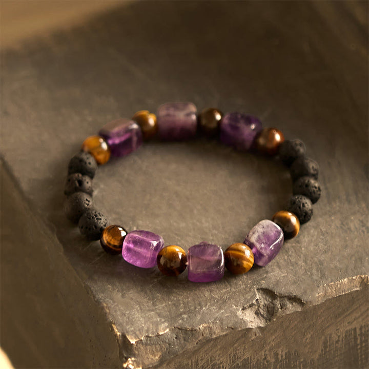 Buddha Stones Various Crystals Cube Amethyst Lava Rock Support Bracelet - Amethyst(Wrist Circumference: 14-16cm) - image 0