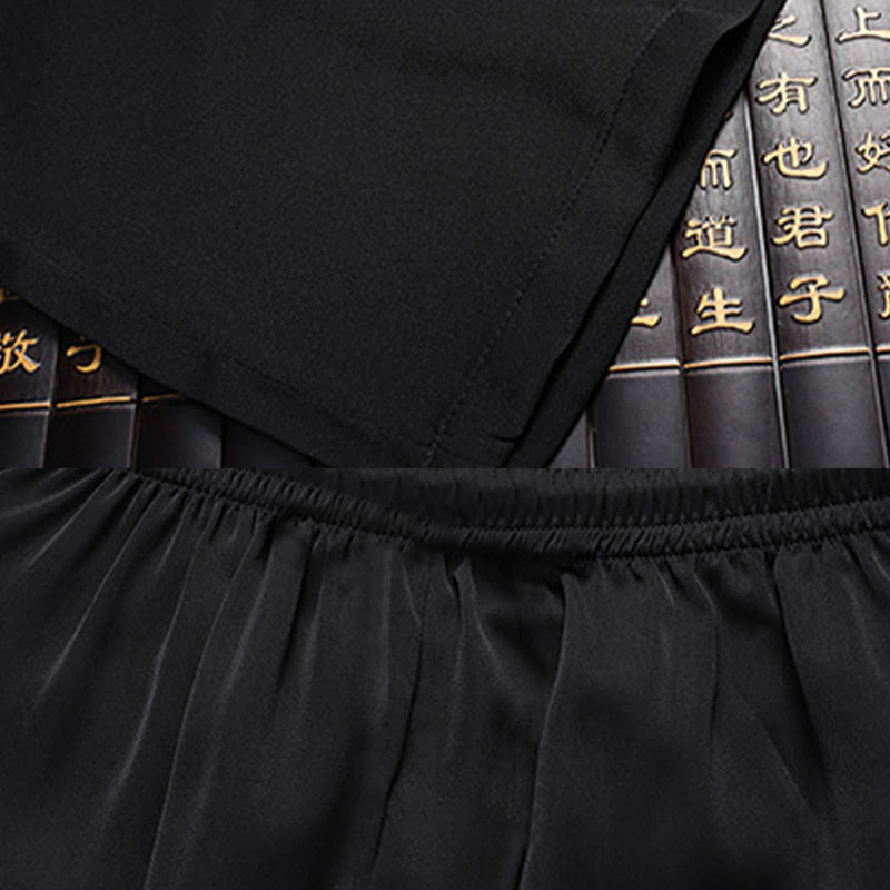 Buddha Stones Bamboo Peach Blossom Tang Suit Hanfu Traditional Uniform Short Sleeve Top Pants Clothing Men's Set - image 16