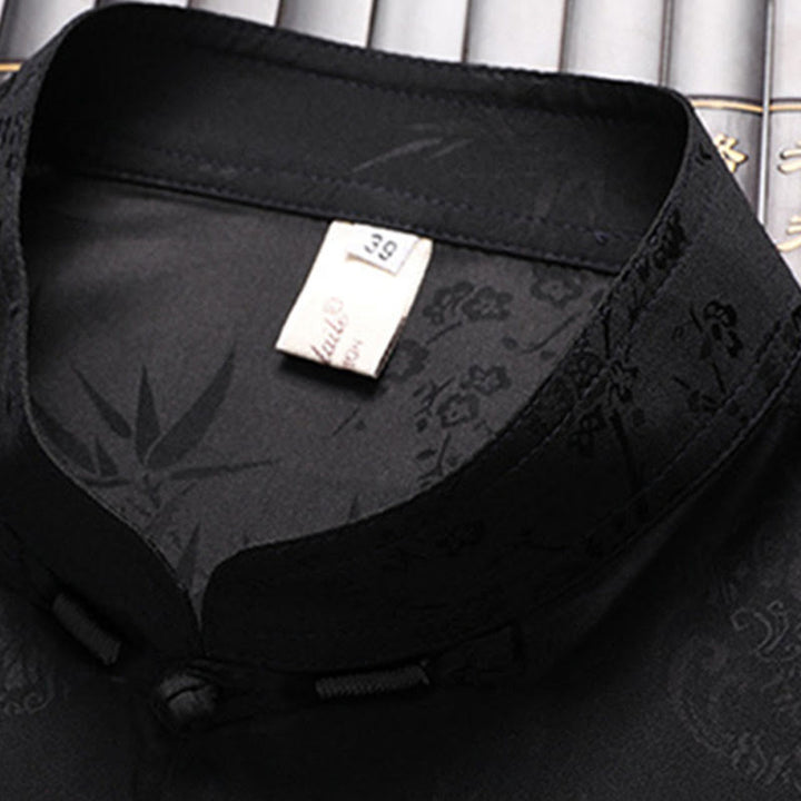 Buddha Stones Bamboo Peach Blossom Tang Suit Hanfu Traditional Uniform Short Sleeve Top Pants Clothing Men's Set - image 9