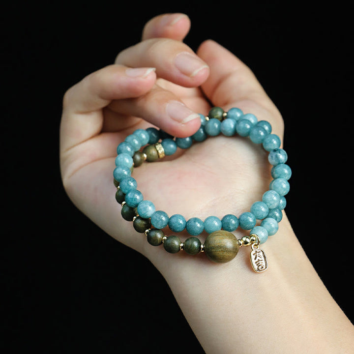 Buddha Stones Blue Chalcedony Green Sandalwood Small Leaf Red Sandalwood Double Wrap Emotional Balance Bracelet - image 4