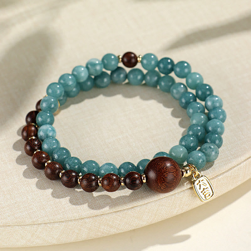 Buddha Stones Blue Chalcedony Green Sandalwood Small Leaf Red Sandalwood Double Wrap Emotional Balance Bracelet - image 11