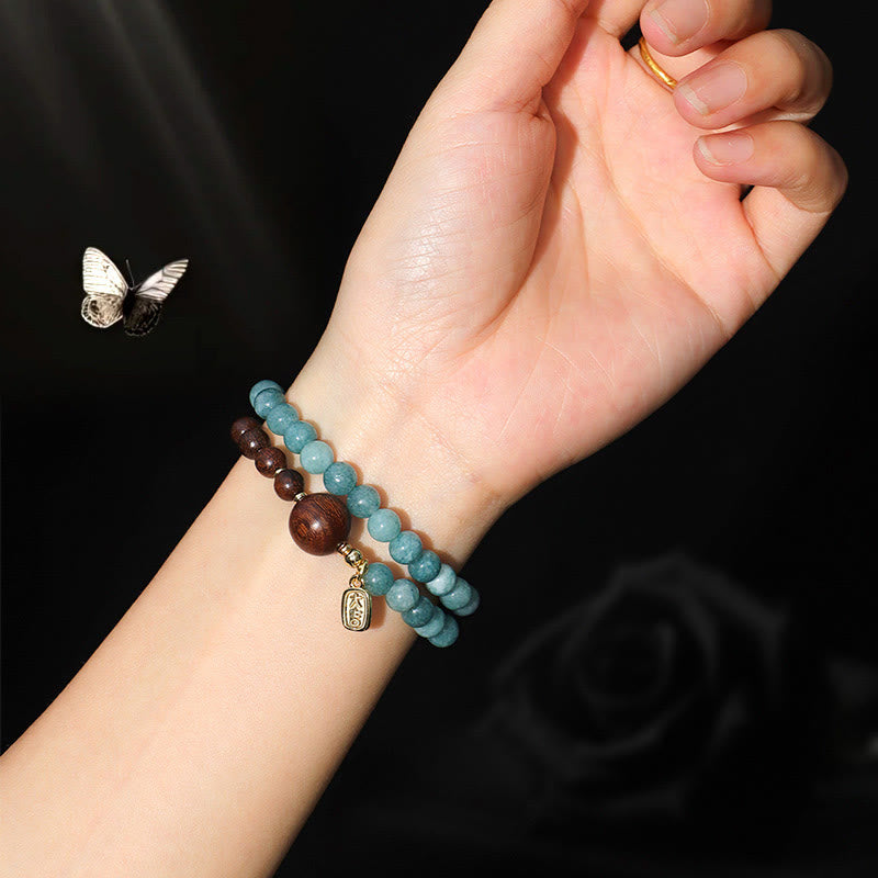 Buddha Stones Blue Chalcedony Green Sandalwood Small Leaf Red Sandalwood Double Wrap Emotional Balance Bracelet - image 9